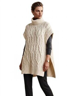 Theory Boseley Cable Knit Turtleneck Poncho / Vest, Ivory, Womens Size M/L
